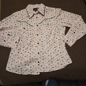 Retro Roper Snap Shirt In Pink And Black Cotton Horses And Trees Large